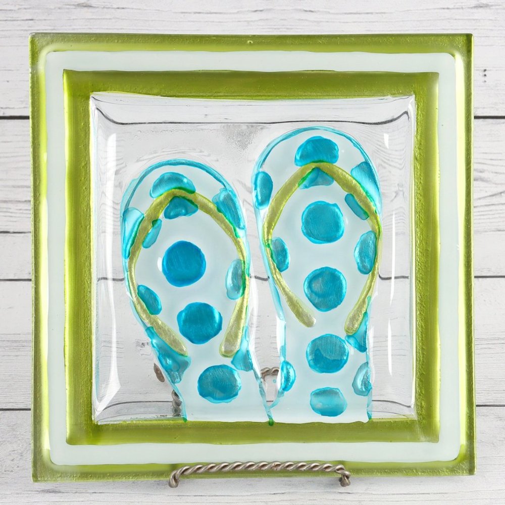 Trinket Tray Blue Polka-Dot Flip-Flop Plate 7in Square
